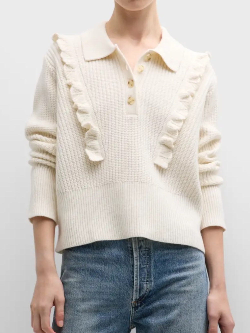 Derek Lam 10 Crosby Cream Noelia Ruffle Polo Knit Sweater